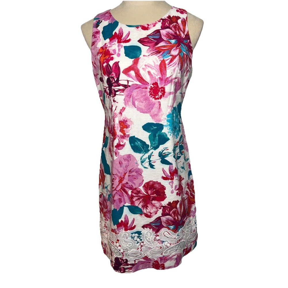 Eliza J Floral Print Crochet Detail Sleeveless Sheath Dress 6 Pink Wedding Party
